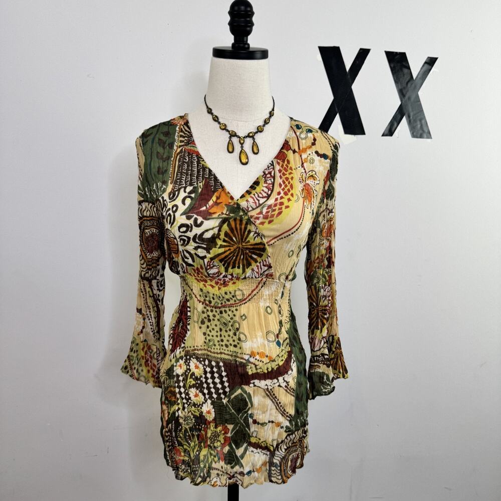 Vintage Sheer Crinkle Mixed Print Faux Wrap Tunic Top Long Sleeve S